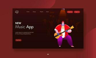 New Music App landing page design with illustration of guy playing guitar with people dancing on brown background. vector