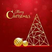 Xmas tree made by geometric polygon pattern with golden baubles on red bokeh background for Merry Christmas celebration greeting card design. vector