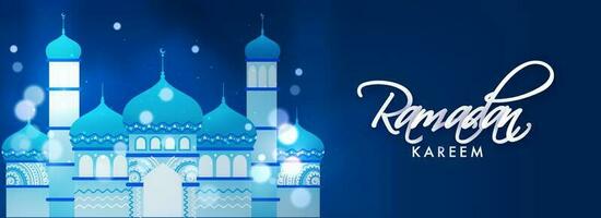 Ramadan Kareem Font With Mosque Illustration And Bokeh Effect On Blue Background. vector