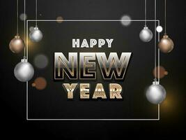 Happy New Year text with hanging baubles with bokeh effect on black background. Can be used as greeting card design. vector