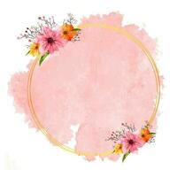 Circular Shape Frame Decorated with Flowers on Pink Watercolor Effect Background. vector