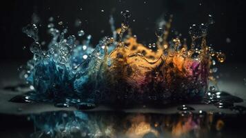 gotita bailar, agua gotas bailando en el superficie de un estanque generativo ai foto