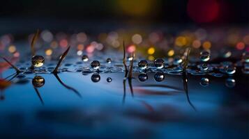 gotita bailar, agua gotas bailando en el superficie de un estanque generativo ai foto