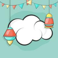 Empty Cloud Shape Frame With Hanging Lanterns And Bunting Flags On Blue Background For Islamic Festival Concept. vector