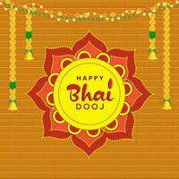 Happy Bhai Dooj Text Over Mandala Frame, Lighting And Floral Garland On Dark Yellow Brick Wall Background. vector