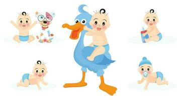 Set of cute infant boy characters with stork, toys, puppy and milk bottle for Baby shower concept. vector