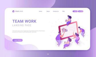 Teamwork concept based landing page design with business people working together and maintain the data on screen. vector