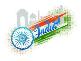 Stylish text of India and silhouette of Red Fort on white background with Tri Color abstract background. vector