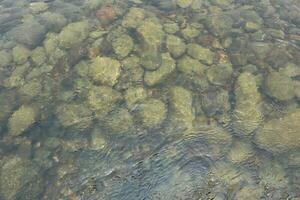 Background of stone under water. Surface of the water in the river. photo