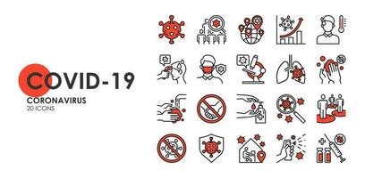 Set of Coronavirus disease COVID-19 Protection Related Vector Line Icons. Such as Covid-19 prevention, Coronavirus Symptoms, Covid outbreak, Social distancing, vector icon