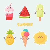 Set of summer stickers in kawaii style. Stickers for luggage, diary, postcards. Bright summer elements for badge, label, school, kindergarten vector