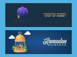 Ramadan Festival Header Or Banner Design Set With Golden Lantern, Muslim Man Offering Namaz On Blue Background For Stay At Home, Avoid Coronavirus. vector