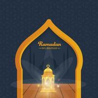 Ramadan Mubarak Concept With Golden Illuminated Lantern And Silhouette Mosque On Gray Islamic Pattern Background. vector