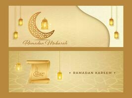 Ramadán festival encabezamiento o bandera diseño con ornamento creciente luna, iluminado linternas colgar en dorado antecedentes. vector