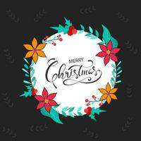 Merry Christmas Font Text in Floral white circular frame on Black leaves pattern abstract background. vector