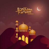 Ramadan Kareem Font With Glossy Mosque And Crescent Moon On Burgundy Red Background. vector