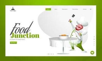 Landing page design with happy chef character presenting dishes on table for Food Junction. vector