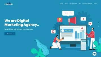 Businessmen working on digital marketing agency app in computer and smartphone. Can be used as web banner or landing page design. vector