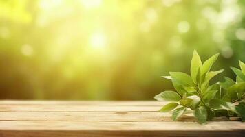 desorientador primavera común establecimiento con verde no usado encantador energizado césped y limpiar de madera mesa en naturaleza Mañana abierto ver en. creativo recurso, vídeo animación video