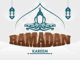 Ramadán kareem caligrafía con colgando linternas en blanco antecedentes. vector