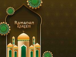 Golden Ramadan Kareem Text With Glossy Mosque Illustration On Brown Islamic Pattern Background. vector