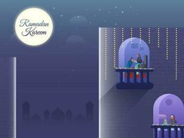 Ramadán kareem concepto con musulmán personas personaje a balcones ventana en lleno Luna noche antecedentes. vector