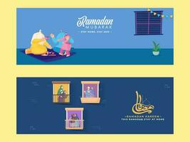 Stay At Home On This Ramadan Festival Concept With Muslim People Character On Blue Background In Two Options. Header Or Banner Design. vector