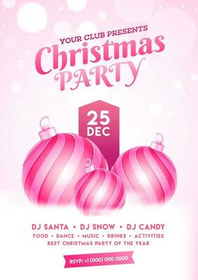 Christmas Party invitation card design with baubles and event details on bokeh effect snowy background.