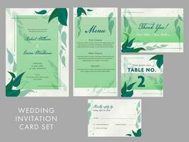 Wedding Invitation Card Set Like as Menu Details, Thank You, Table Number and Kindly Reply or RSVP Card. vector