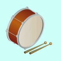 3D view of drum with sticks on blue background. vector