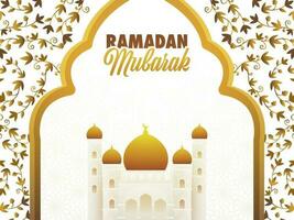 Ramadan Mubarak Greeting Card With Mosque Illustration On Flourish Pattern Background. vector