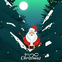 Merry Christmas celebration greeting card design with santa claus character and xmas tree on full moon background. vector