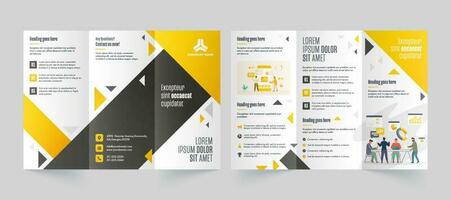 Tri-Fold Leaflet or Brochure layout with Business People Character and Infographic Elements in Font and Back View. vector