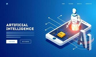 Artificial Intelligence concept based web banner or landing page design with isometric illustration of humanoid robot and AI chip on smartphone screen. vector