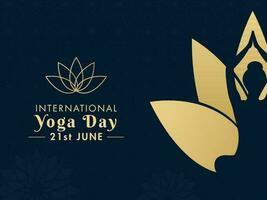 21 junio, internacional yoga día texto con silueta mujer meditando en loto actitud en azul mandala antecedentes. vector