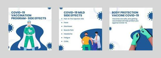 Covid-19 Vaccination Program And Body Side Effects Based Poster Design In Three Options. vector