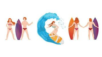 Faceless character of surfer man and woman together on white background for Enjoy Summer Holiday concept. vector