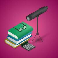 3D illustration of Telescope with books, Eyeglasses and Calculator on Pink Background. vector