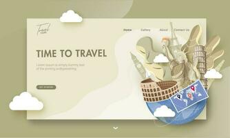 Landing page design with illustration of foreign country famous monuments and world map for World Tourism Day or Time To Travel concept. vector