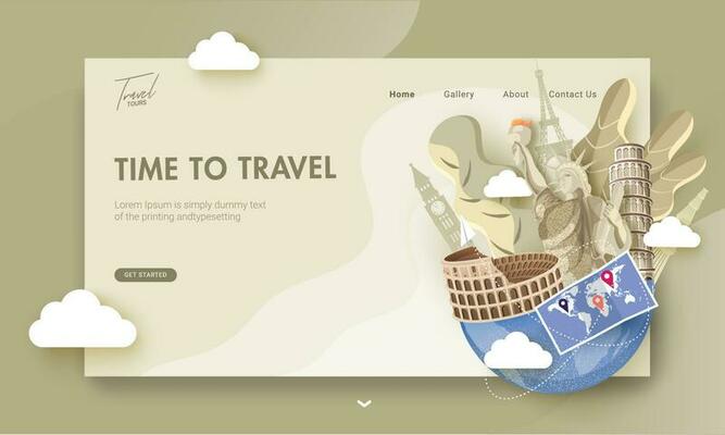 Landing page design with illustration of foreign country famous monuments and world map for World Tourism Day or Time To Travel concept.
