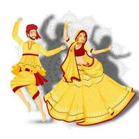 ilustración de joven Pareja bailando garba actitud en blanco mandala floral antecedentes. vector