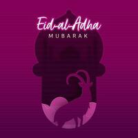 Eid-Al-Adha Mubarak Font With Paper Goat On Purple Silhouette Mosque Background. vector