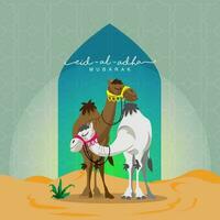 Eid-Al-Adha Mubarak Concept With Cartoon Two Camel Over Desert View And Green Islamic Pattern Background. vector