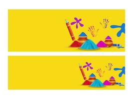 Yellow Website Header Or Banner Set With Powder In Plate, Clay Pots, Water Gun And Given Space For Message. vector