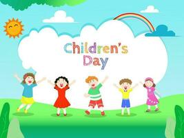 Group of little boy and girl enjoying on nature view with sunny rainbow background for Children's Day celebration greeting card design. vector