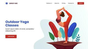 Young woman practices yoga natarajasana pose on nature view for Outdoor Yoga Classes concept based landing page design. vector