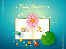 Top View Of Open Holy Book With Flower, Peacock Feather And Lit Oil Lamp On Blue Bokeh Background For Happy Vasant Panchami. vector