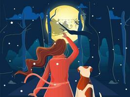 Back View of Woman and Dog Watching Santa Riding Reindeer Sleigh on Blue Forest Full Moon Night Background for Merry Christmas and New Year Celebration. vector