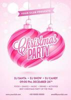 Sticker style text of Christmas Party with hanging baubles and venue details on pink bokeh effect background for Invitation card design. vector