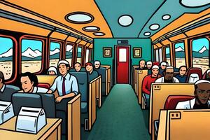 People sitting in public train transportation with mountain view. Comic style photo